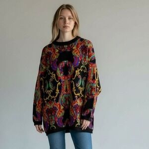 Vintage Creative Force Sweater Women Large Black Abstract Artsy Colorful Teacher